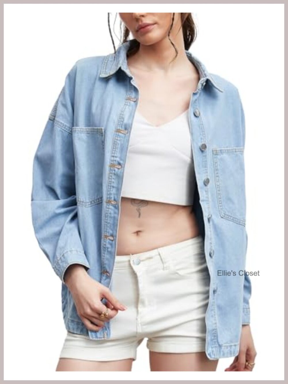 Oversized Boyfriend Denim Shirt Jacket Long Sleeve Button Down Cotton Blend